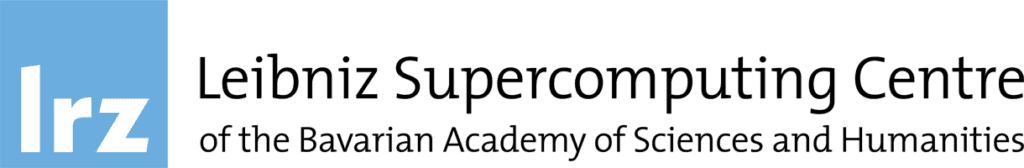 Logo of the LRZ. The abbreviation can be seen in white lowercase font in a light blue box on the left. To the right the wordmark can be seen spanning two lines: Leibniz Supercomputing Centre of the Bavarian Academy of Scences and Humanities